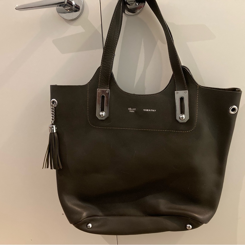 Olive Green Leather Celine Tote Bag